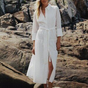 Zara Openwork Embroidered White Midi Shirt Dress